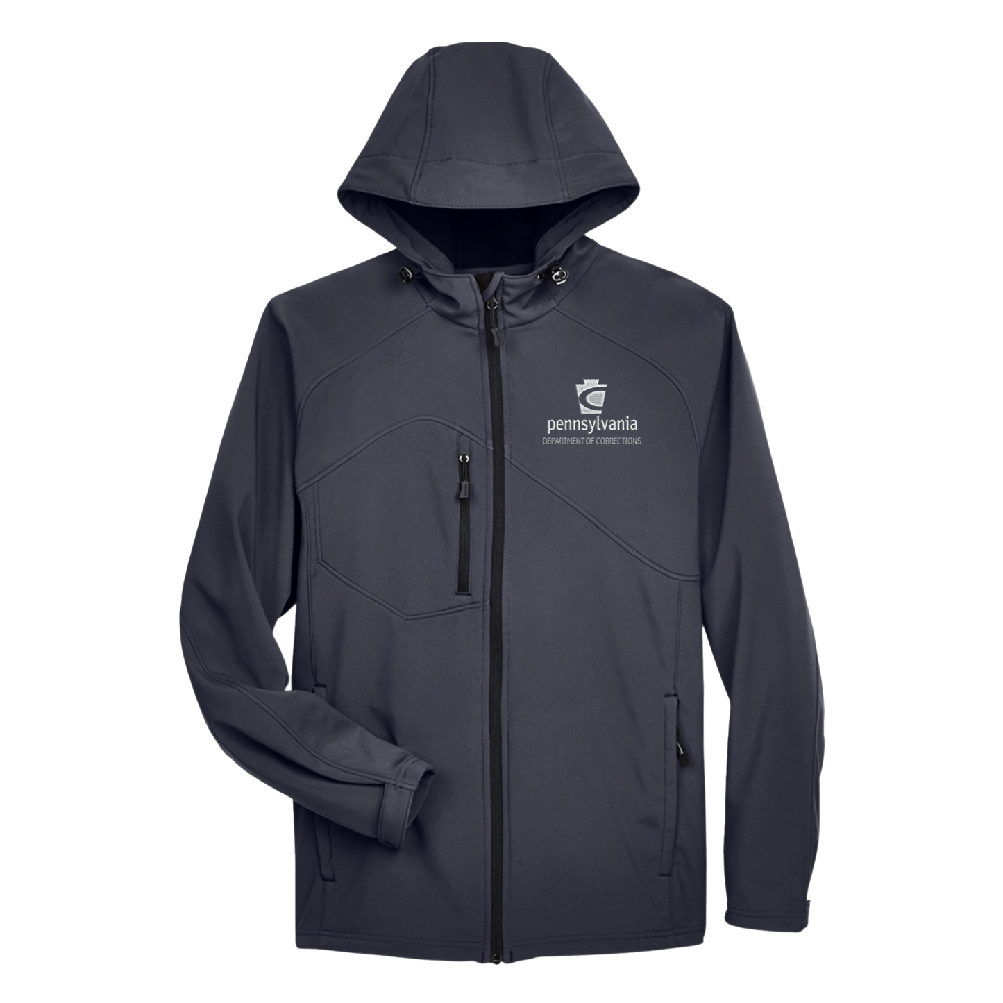 Men’s Hooded Premium Soft-Shell Jacket with Embroidered Department of Corrections Keystone (Various Colors)