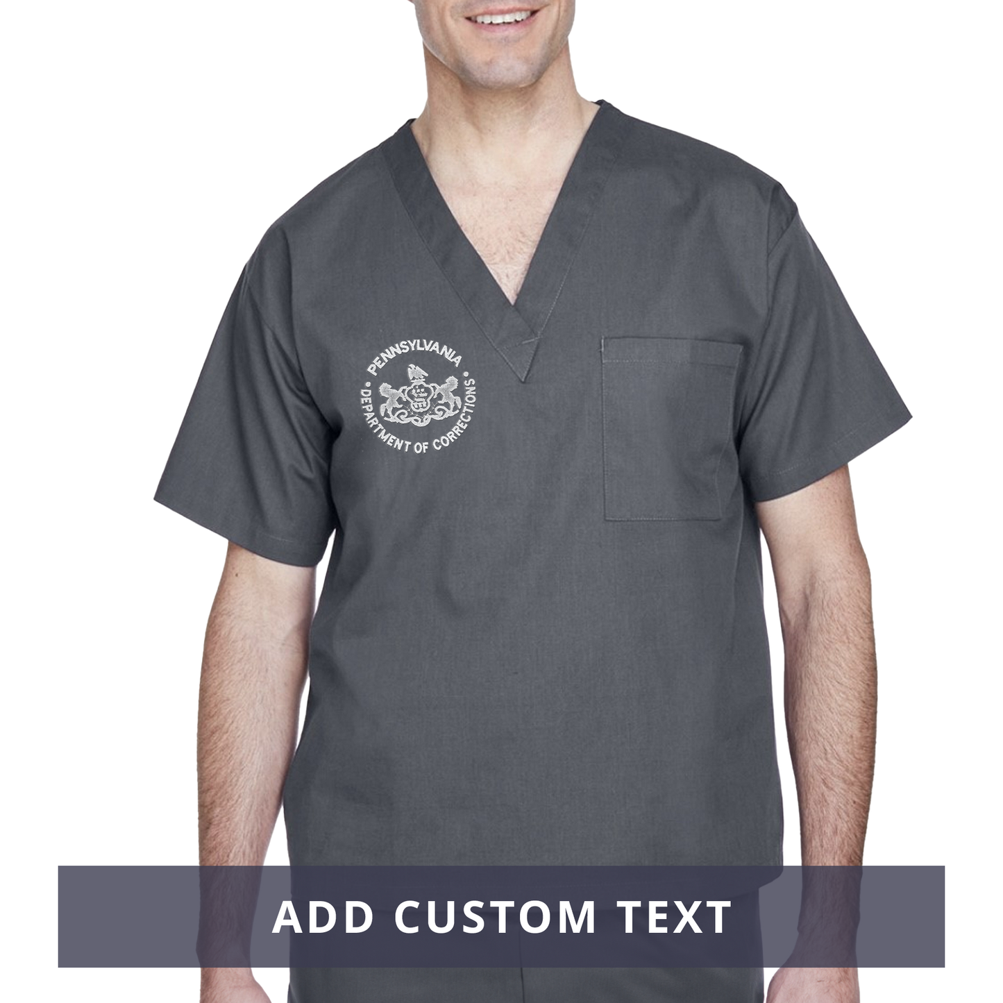 Adult Scrubs Top with Embroidered Department of Corrections Seal (Black/Gray)