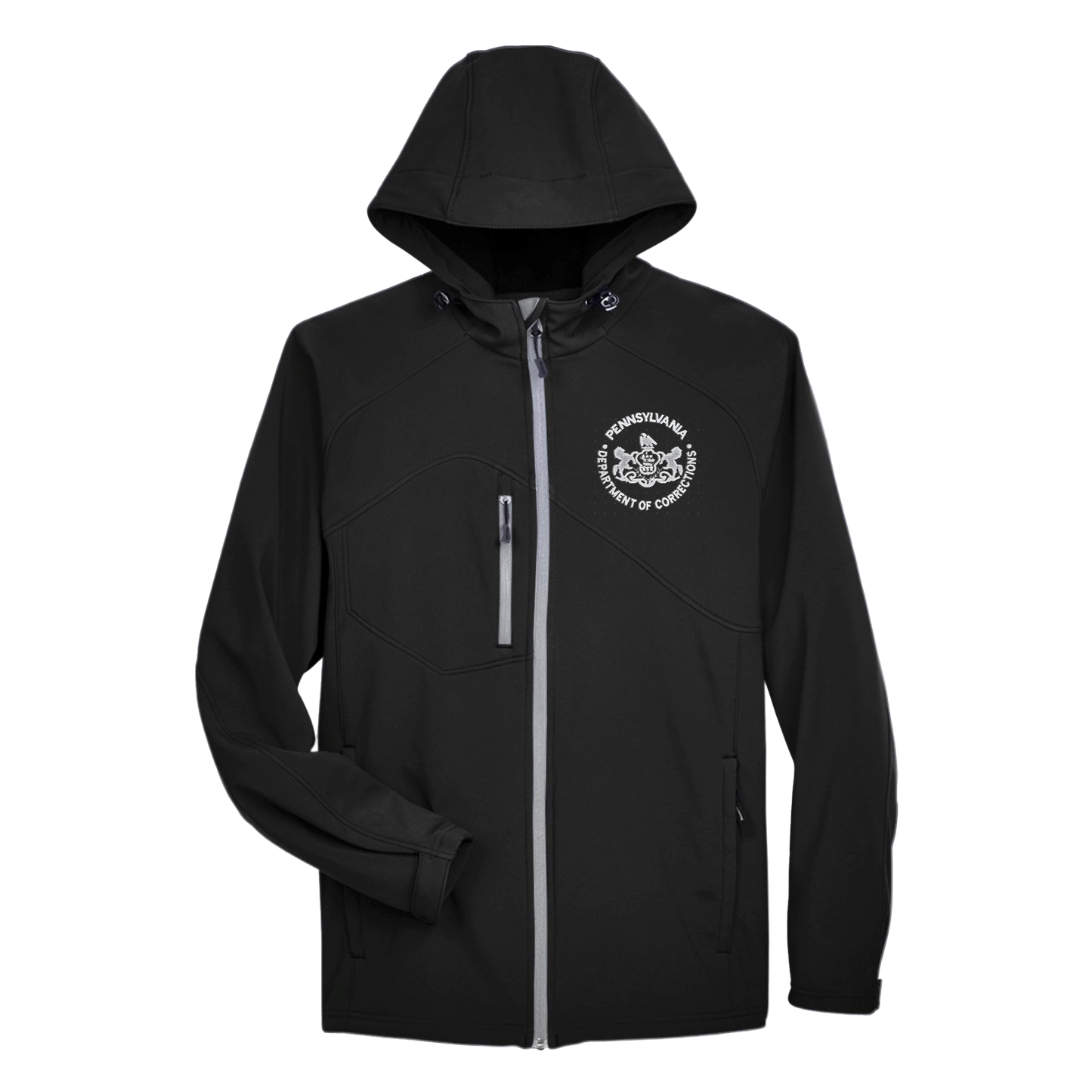 Men’s Hooded Premium Soft-Shell Jacket with Embroidered Department of Corrections Seal (Various Colors)