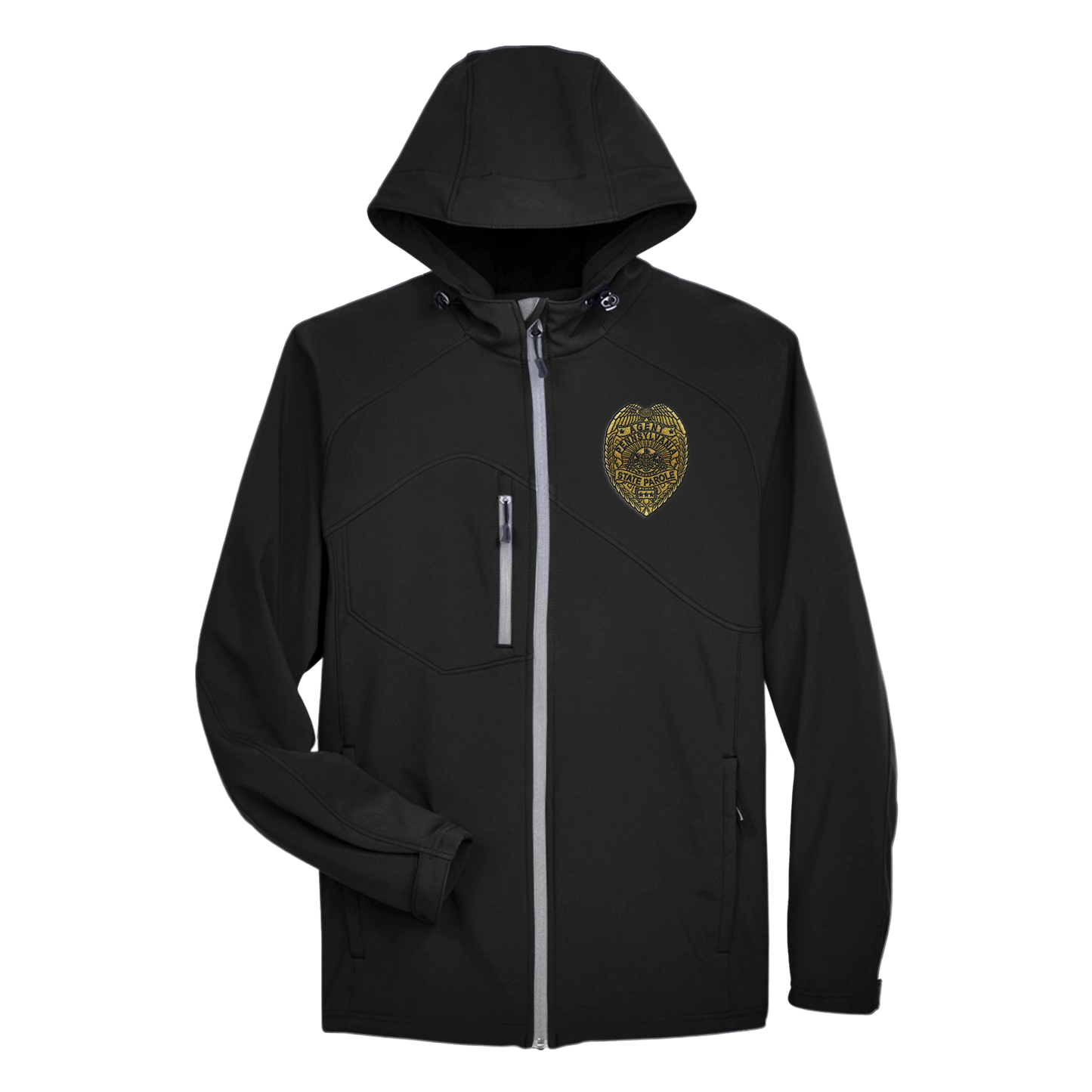 Men’s Hooded Premium Soft-Shell Jacket with Embroidered State Parole Agent Badge-Full Color (Various Colors)