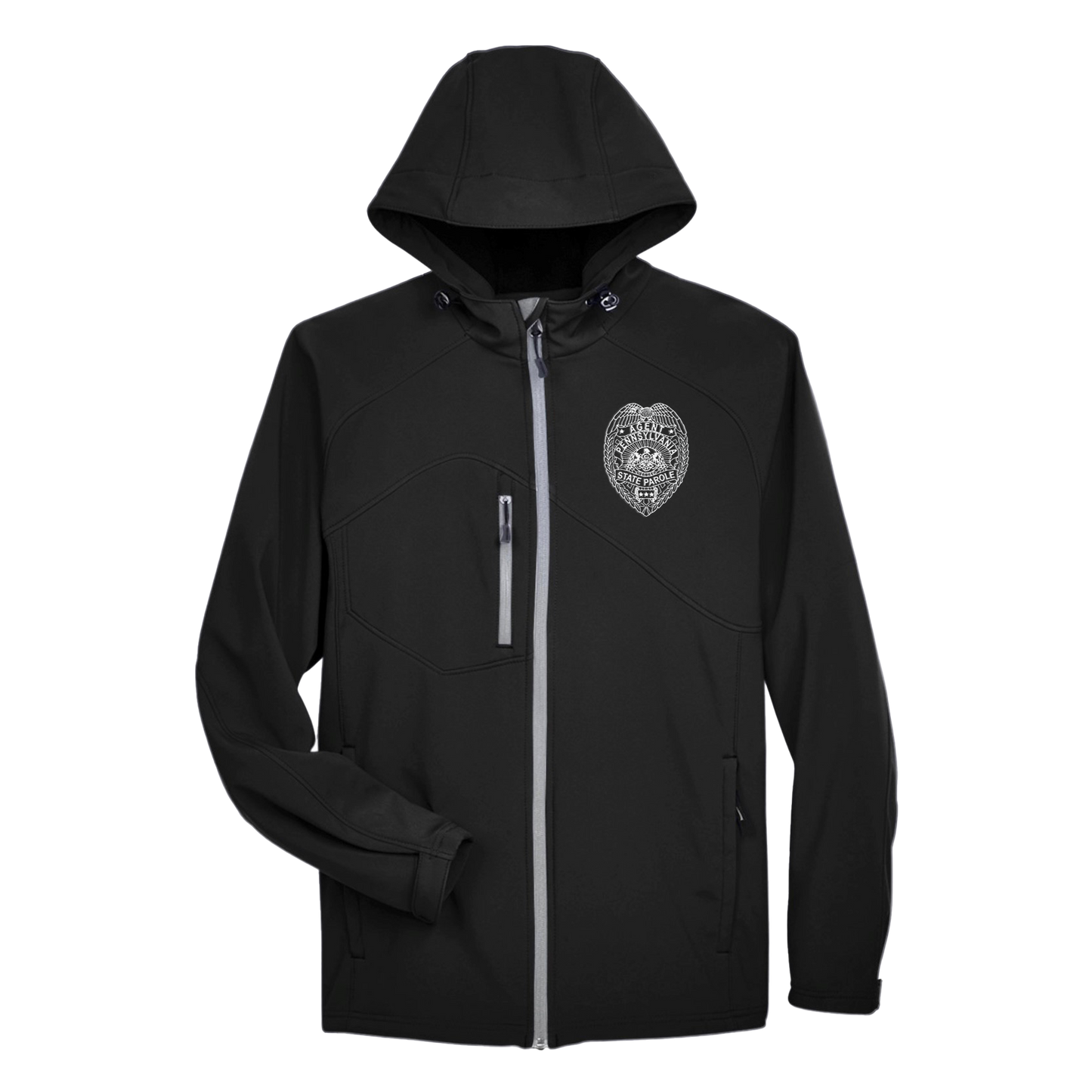 Men’s Hooded Premium Soft-Shell Jacket with Embroidered State Parole Agent Badge (Various Colors)