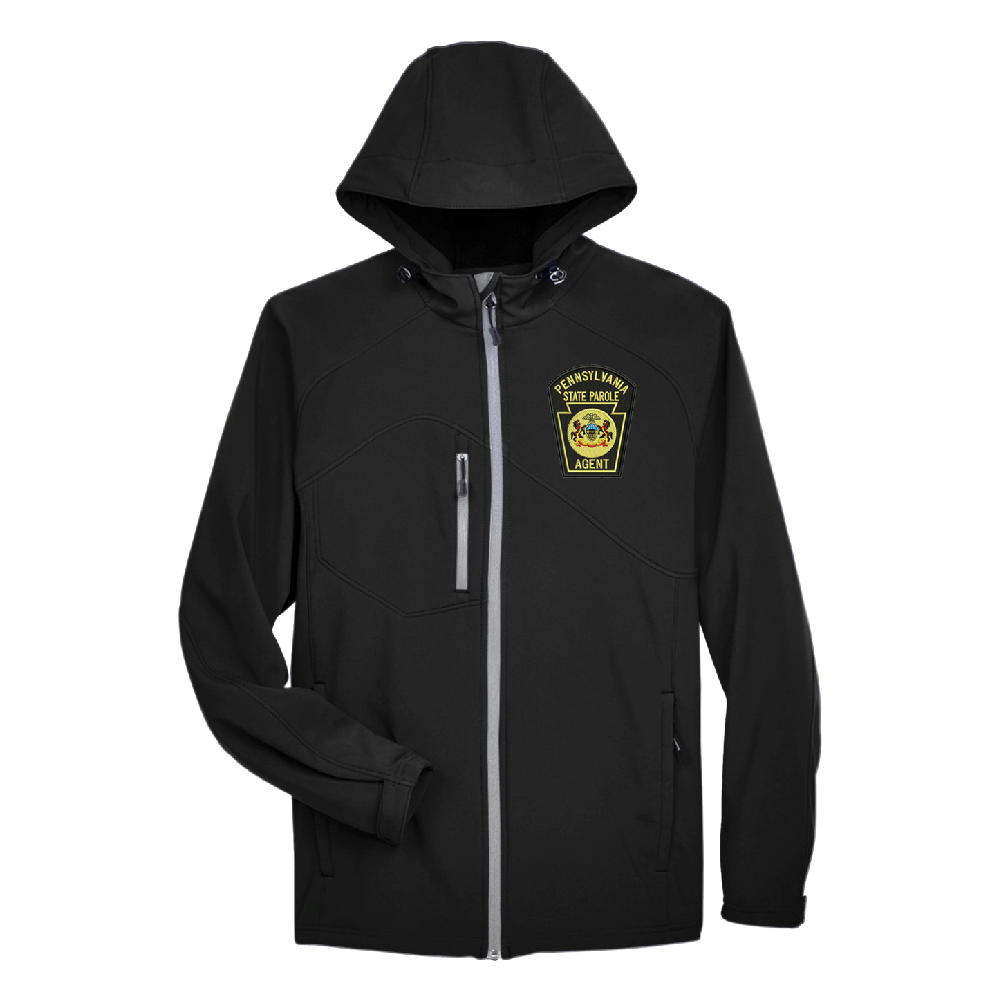 Men’s Hooded Premium Soft-Shell Jacket with Embroidered State Parole Agent Keystone-Full Color (Various Colors)