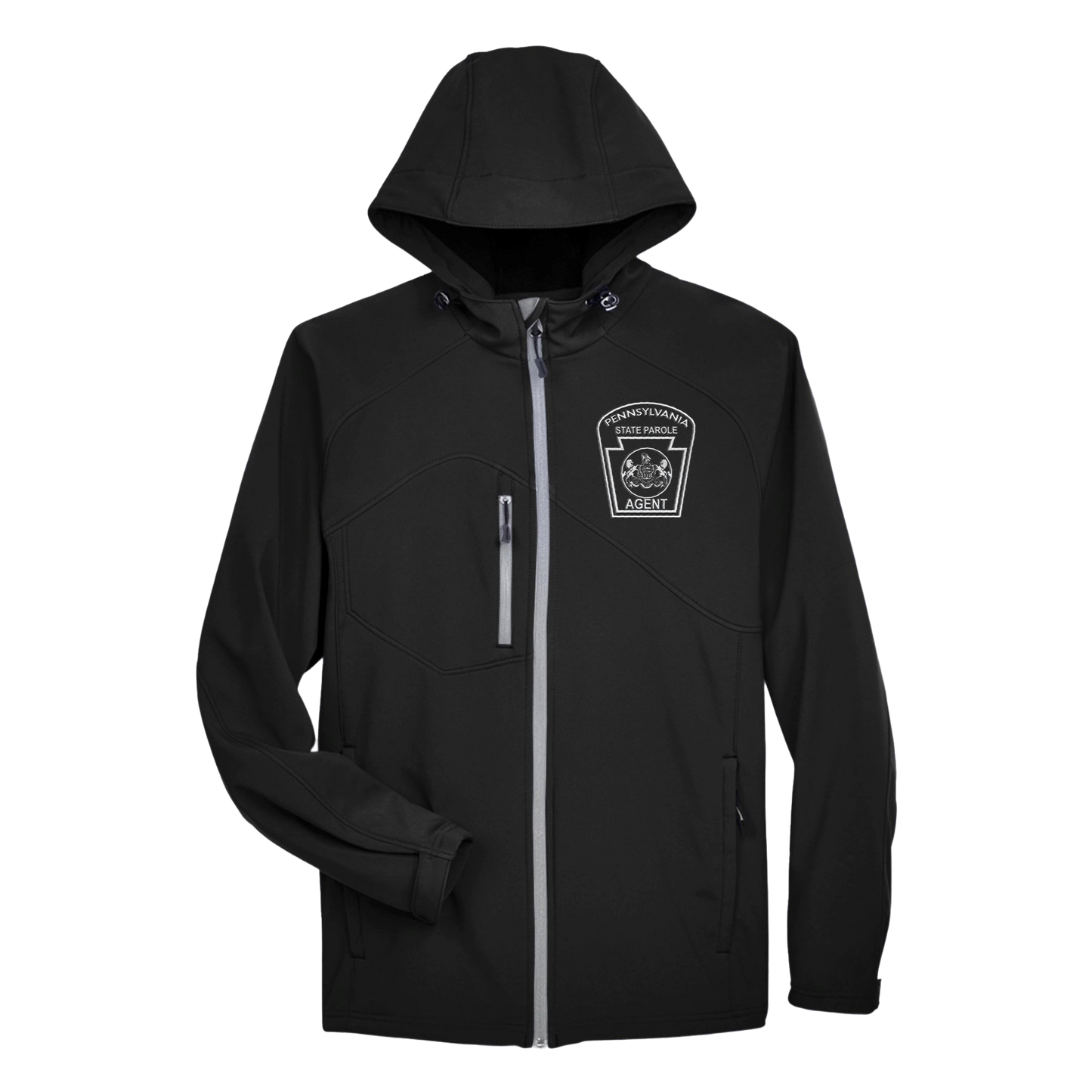 Men’s Hooded Premium Soft-Shell Jacket with Embroidered State Parole Agent Keystone (Various Colors)