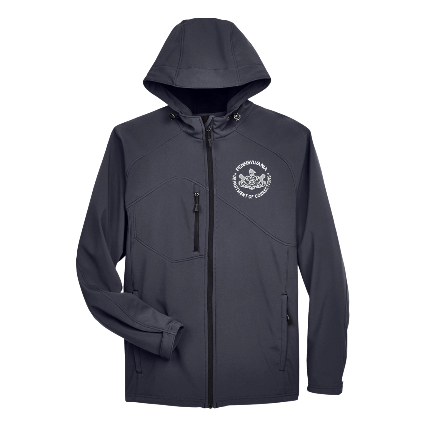 Men’s Hooded Premium Soft-Shell Jacket with Embroidered Department of Corrections Seal (Various Colors)