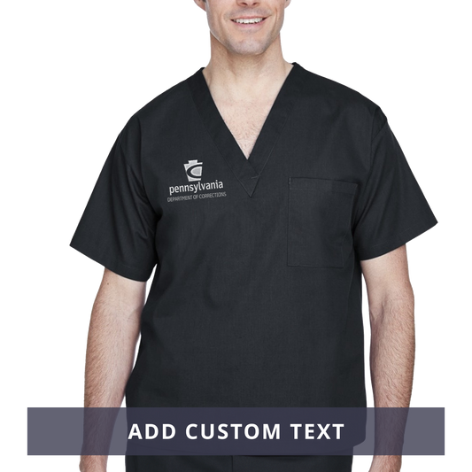 Adult Scrubs Top with Embroidered Department of Corrections Keystone (Black/Gray)