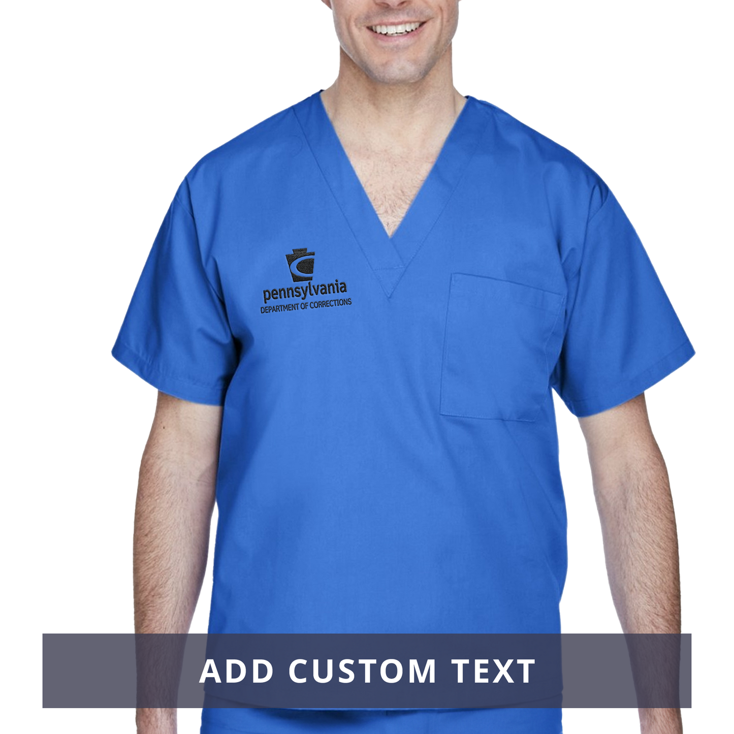 Adult Scrubs Top with Embroidered Department of Corrections Keystone (Navy/Blue)