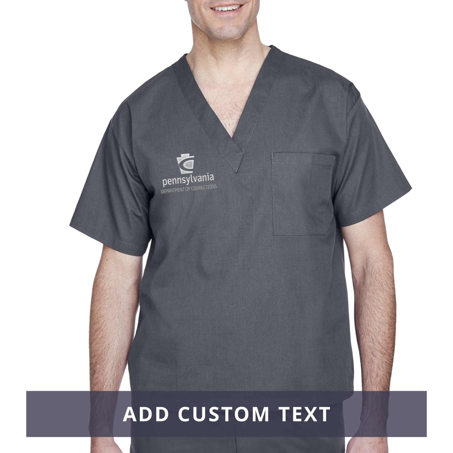 Adult Scrubs Top with Embroidered Department of Corrections Keystone (Black/Gray)