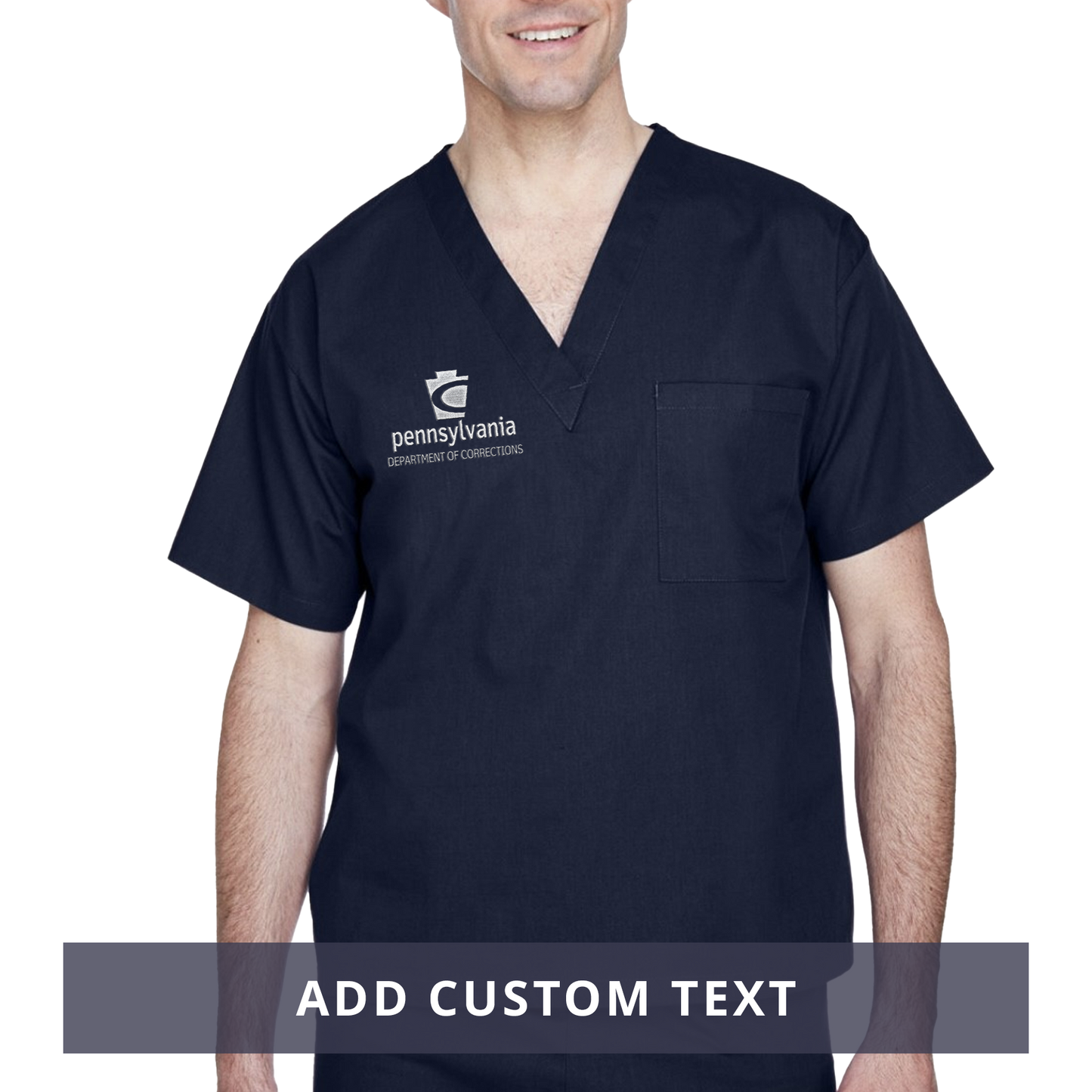 Adult Scrubs Top with Embroidered Department of Corrections Keystone (Navy/Blue)