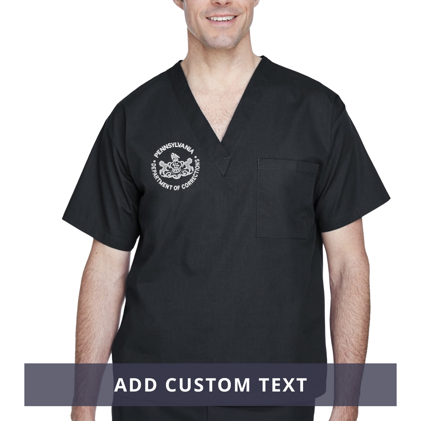 Adult Scrubs Top with Embroidered Department of Corrections Seal (Black/Gray)