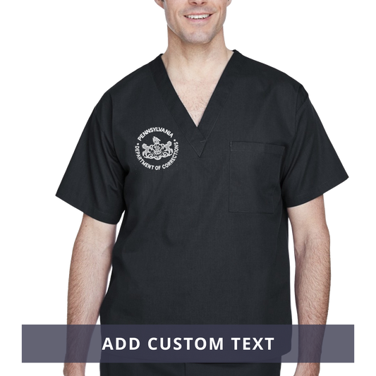 Adult Scrubs Top with Embroidered Department of Corrections Seal (Black/Gray)