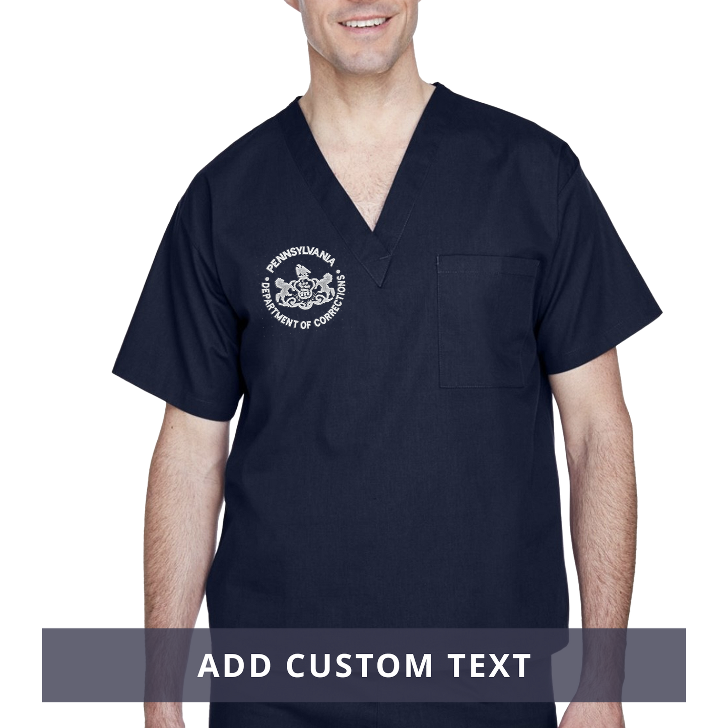 Adult Scrubs Top with Embroidered Department of Corrections Seal (Navy/Blue)