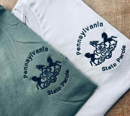 Adult Soft-Style Short-Sleeve Tee (Neutral Colors) with Embroidered State Parole Horses (Various Colors)