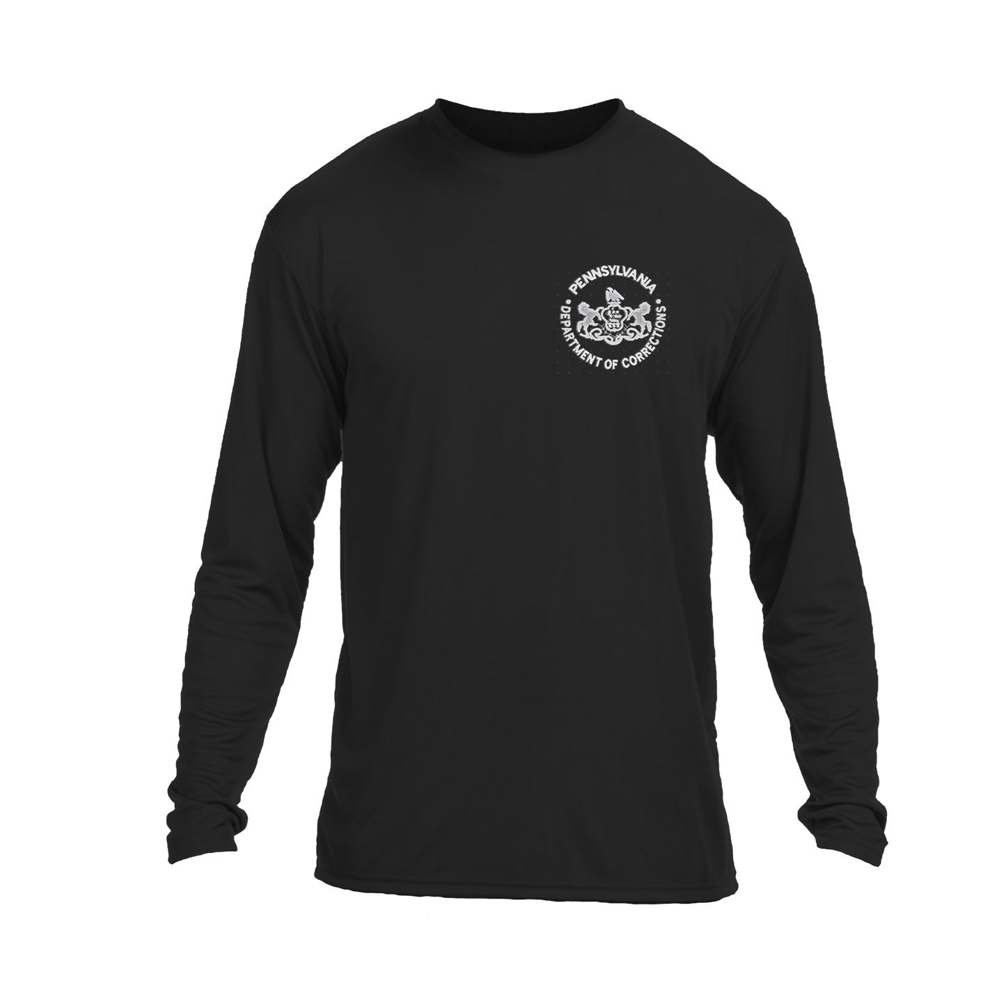 Adult Moisture-Wicking Long-Sleeve Tee with Embroidered Department of Corrections Seal (Various Colors)