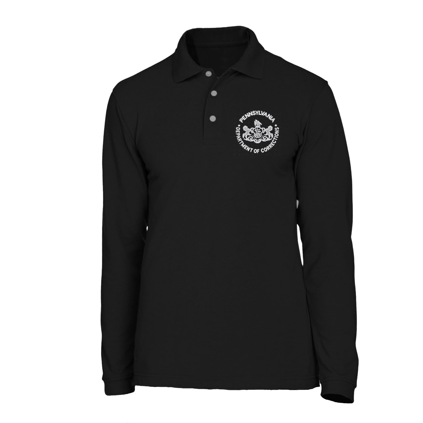 Adult Long-Sleeve Cotton Polo with Embroidered Department of Corrections Logos (Various Colors)