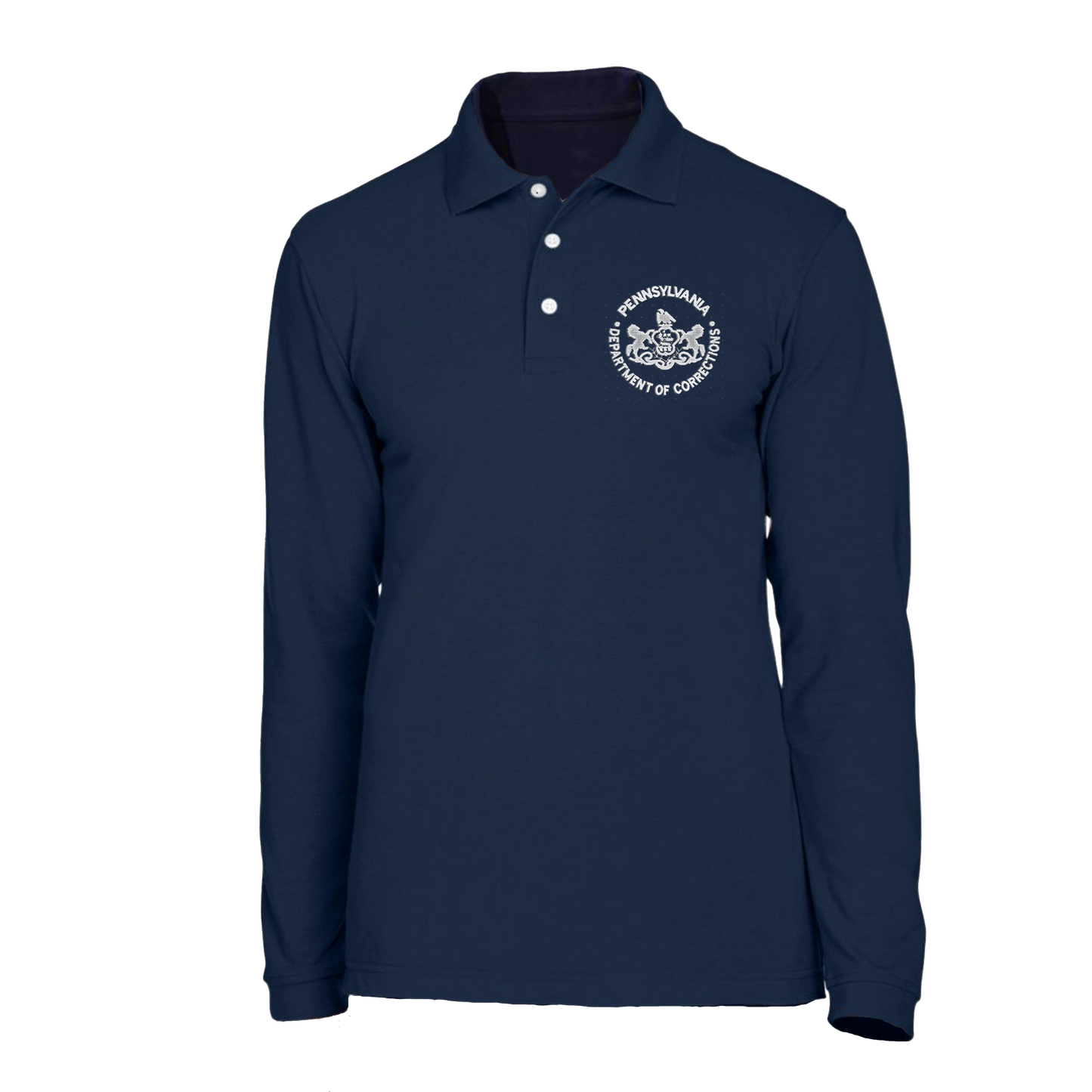 Adult Long-Sleeve Cotton Polo with Embroidered Department of Corrections Logos (Various Colors)